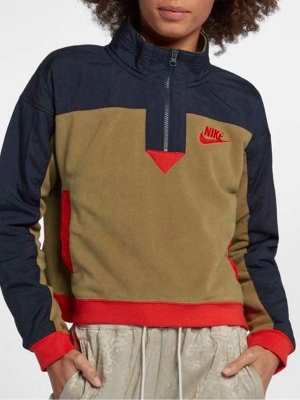 Nike Olive Green Navy and Red Colorblock Half-Zip Pullover Hoodie